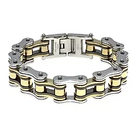 Mens Stainless Steel with Black & Gold-Tone IP Motorcycle Bracelet