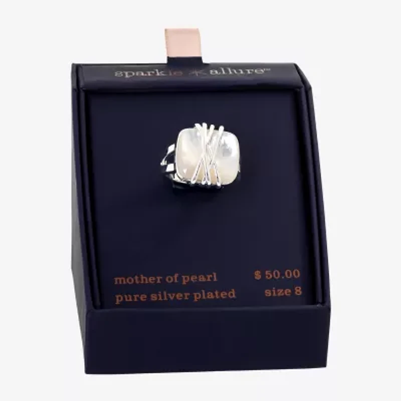 Sparkle Allure Womens White Mother Of Pearl Pure Silver Over Brass Hypoallergenic Cocktail Ring
