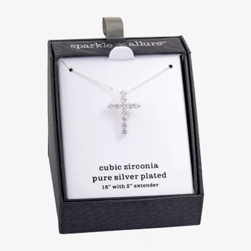 Sparkle Allure Womens Cubic Zirconia Pure Silver Over Brass Cross 16 Inch Pendant Necklace