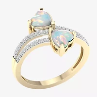 Womens 1/5 CT. Genuine White Opal 10K Gold Heart Crossover Cocktail Ring