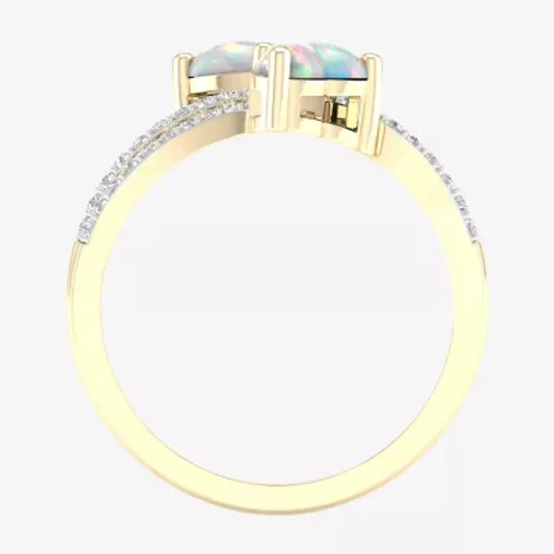 Womens 1/5 CT. Genuine White Opal 10K Gold Heart Crossover Cocktail Ring