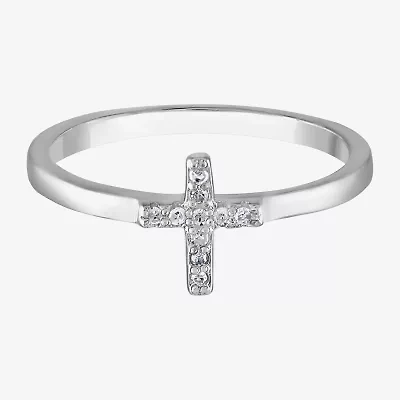 Girls White Diamond Sterling Silver Cross Delicate Cocktail Ring