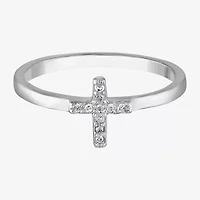Girls White Diamond Sterling Silver Cross Delicate Cocktail Ring