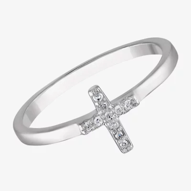 Girls White Diamond Sterling Silver Cross Delicate Cocktail Ring