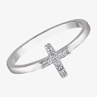 Girls White Diamond Sterling Silver Cross Delicate Cocktail Ring