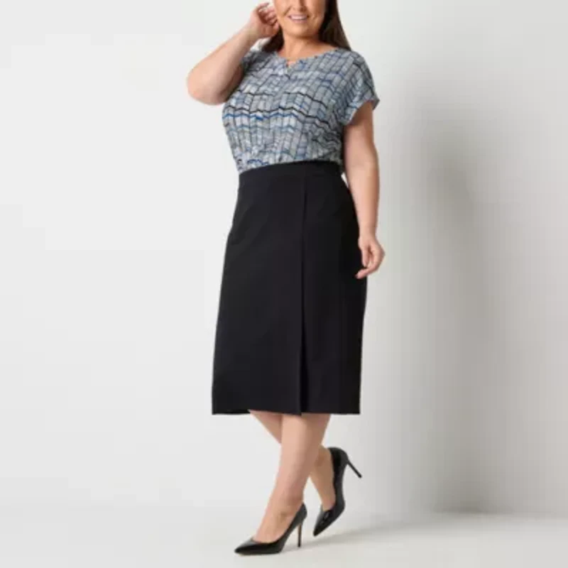 Liz Claiborne Ponte Womens Mid Rise Stretch Fabric Midi Pencil Skirt Plus