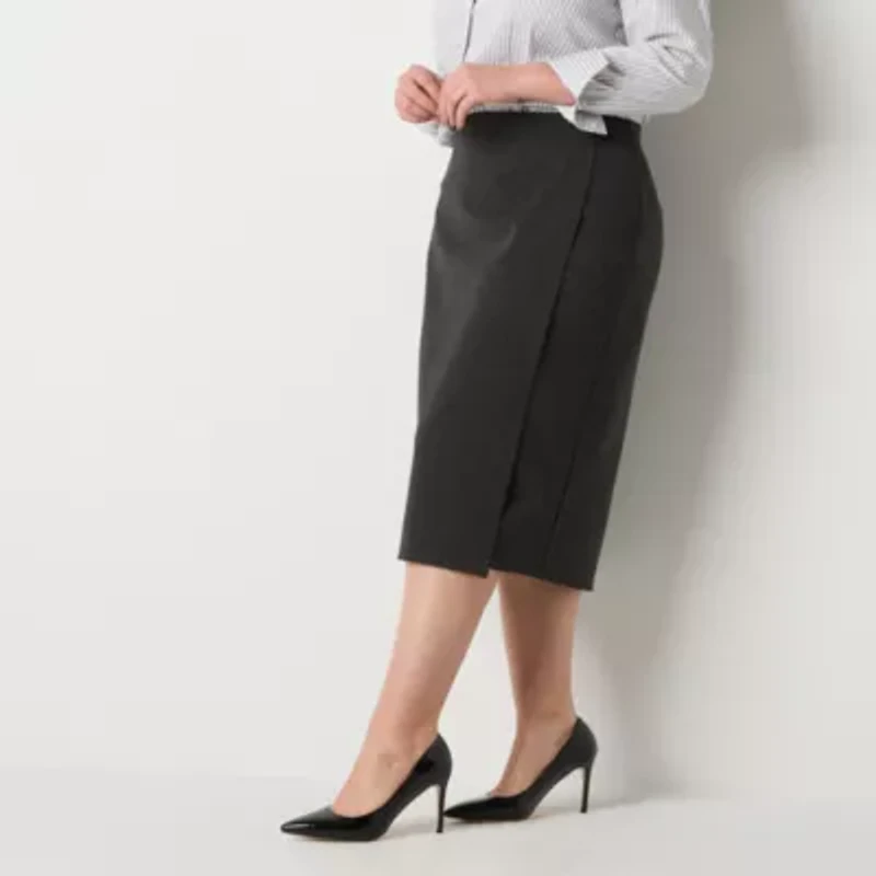 Liz Claiborne Ponte Womens Plus Mid Rise Stretch Fabric Midi Pencil Skirt