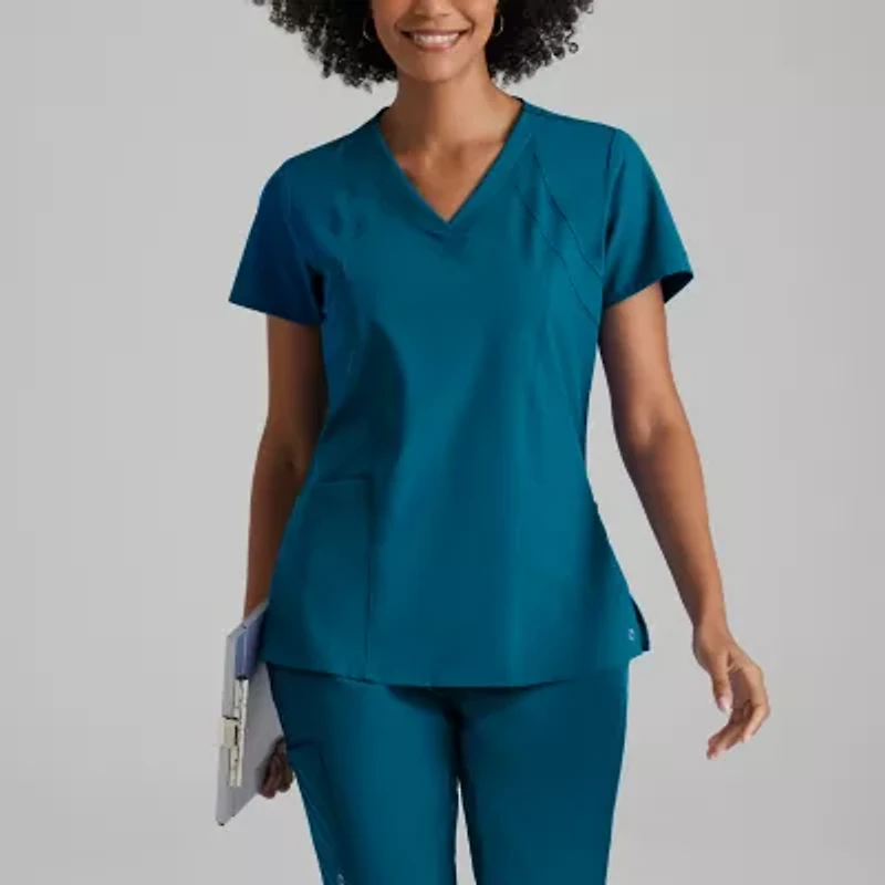 Barco One 5105 Racer 4-Pocket Womens V Neck Short Sleeve Tag Free Stretch Fabric Moisture Wicking Scrub Top