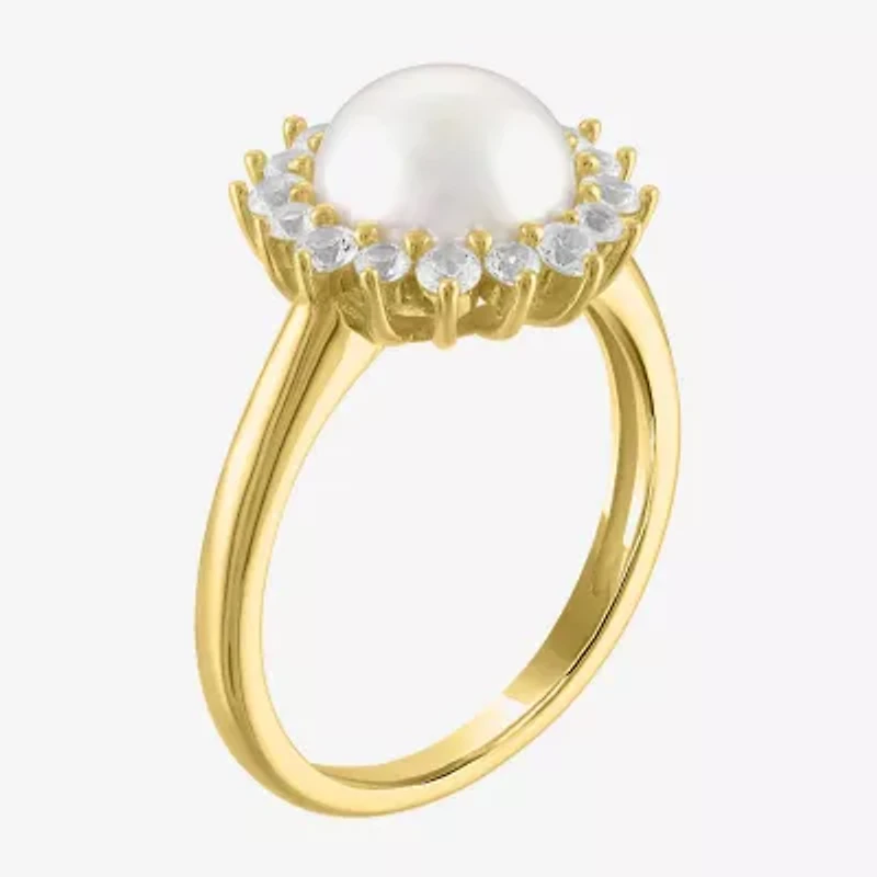 Womens 8MM White Cultured Freshwater Pearl 14K Gold Over Silver Halo Cocktail Ring