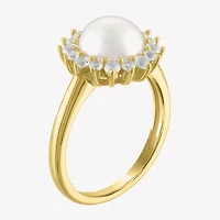 Womens 8MM White Cultured Freshwater Pearl 14K Gold Over Silver Halo Cocktail Ring