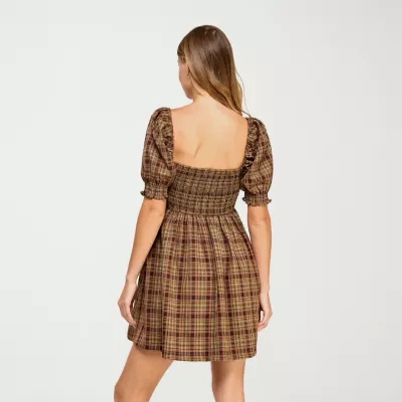 City Triangle Womens Short Sleeve Plaid Juniors Fit + Flare Dress