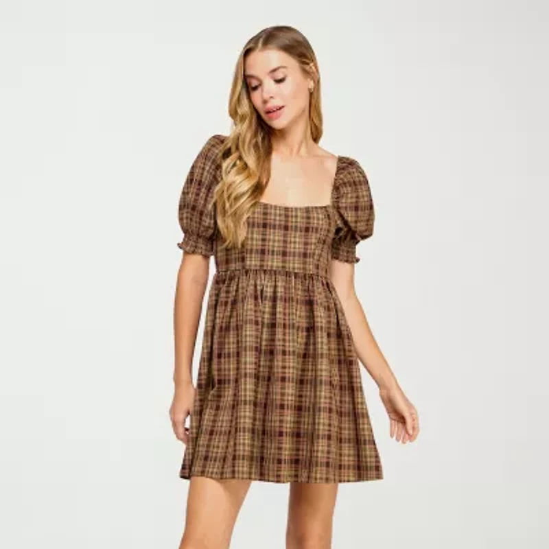 City Triangle Womens Short Sleeve Plaid Fit + Flare Dress Juniors