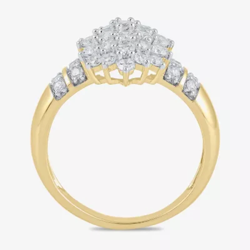 Womens 1 CT. T.W. Lab Grown White Diamond 10K Gold Cluster Side Stone Cocktail Ring