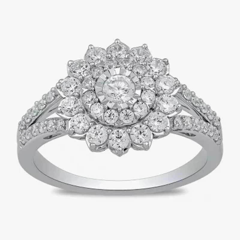 Womens 1 CT. T.W. Lab Grown White Diamond 10K Gold Side Stone Cocktail Ring
