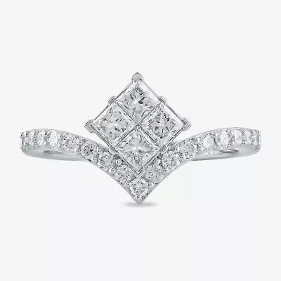 Womens 1 CT. T.W. Lab Grown White Diamond 10K Gold Side Stone Cocktail Ring