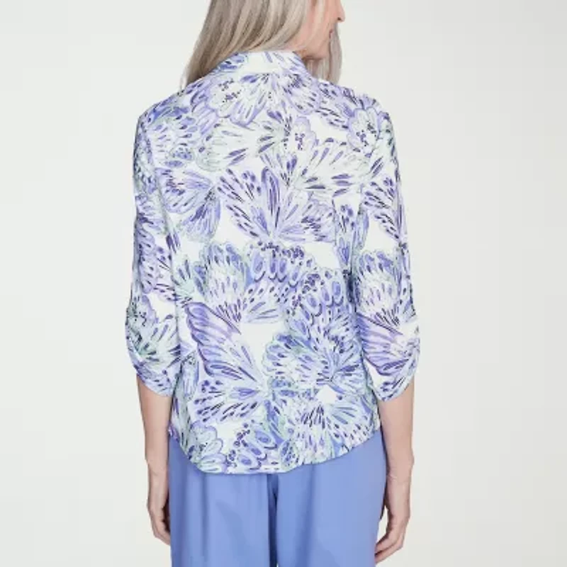 Alfred Dunner Santa Fe Womens 3/4 Sleeve Roll Tab Stretch Fabric Button-Down Shirt