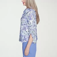Alfred Dunner Santa Fe Womens 3/4 Sleeve Roll Tab Stretch Fabric Button-Down Shirt
