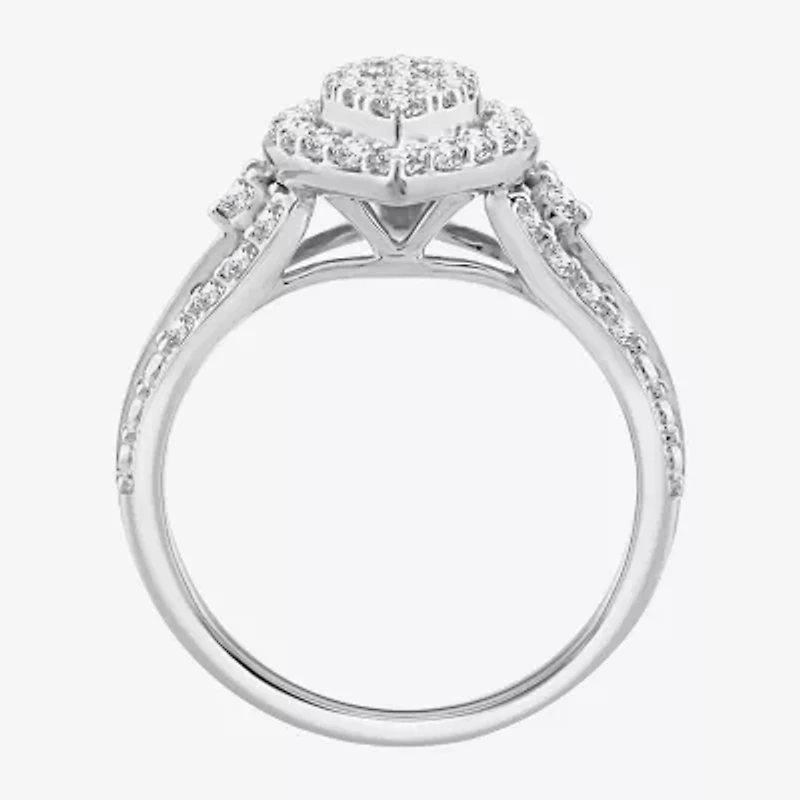 (F / Si2) Womens 1 CT. T.W. Lab Grown White Diamond Sterling Silver Marquise Side Stone Halo Engagement Ring