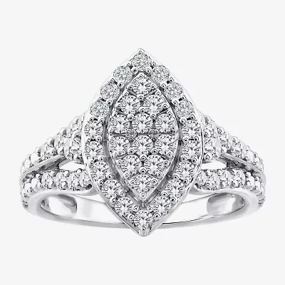 (F / Si2) Womens 1 CT. T.W. Lab Grown White Diamond Sterling Silver Marquise Side Stone Halo Engagement Ring