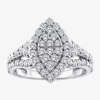 (F / Si2) Womens 1 CT. T.W. Lab Grown White Diamond Sterling Silver Marquise Side Stone Halo Engagement Ring