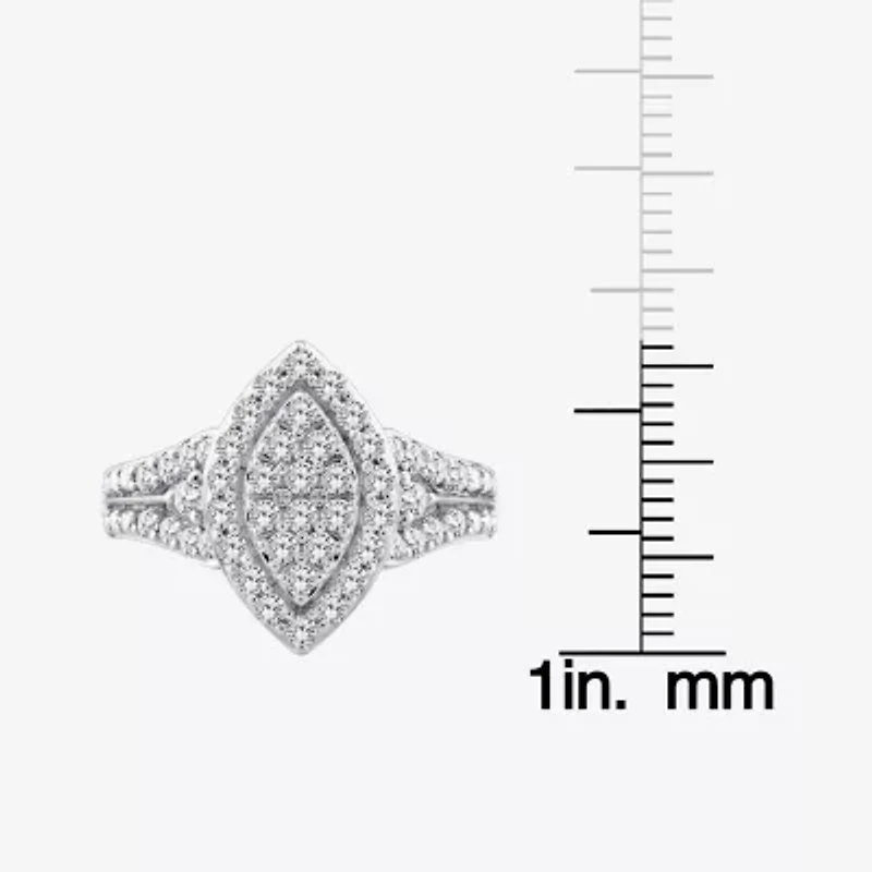 (F / Si2) Womens 1 CT. T.W. Lab Grown White Diamond Sterling Silver Marquise Side Stone Halo Engagement Ring