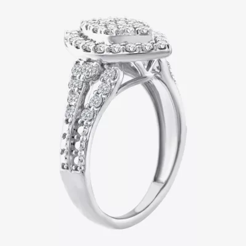 (F / Si2) Womens 1 CT. T.W. Lab Grown White Diamond Sterling Silver Marquise Side Stone Halo Engagement Ring