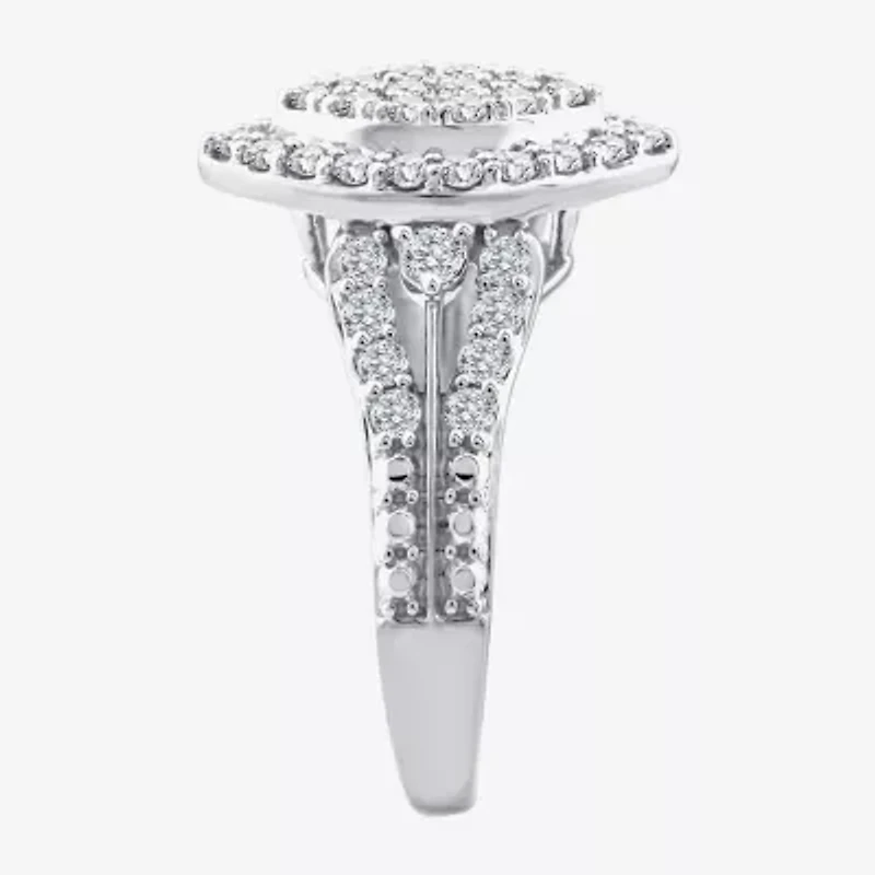 (F / Si2) Womens 1 CT. T.W. Lab Grown White Diamond Sterling Silver Marquise Side Stone Halo Engagement Ring