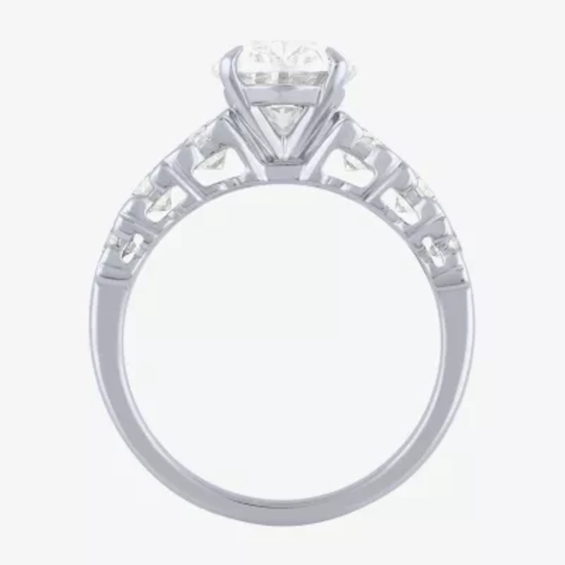 (F / Vs2) Womens 3 CT. T.W. Lab Grown White Diamond 10K Gold Oval Side Stone Engagement Ring