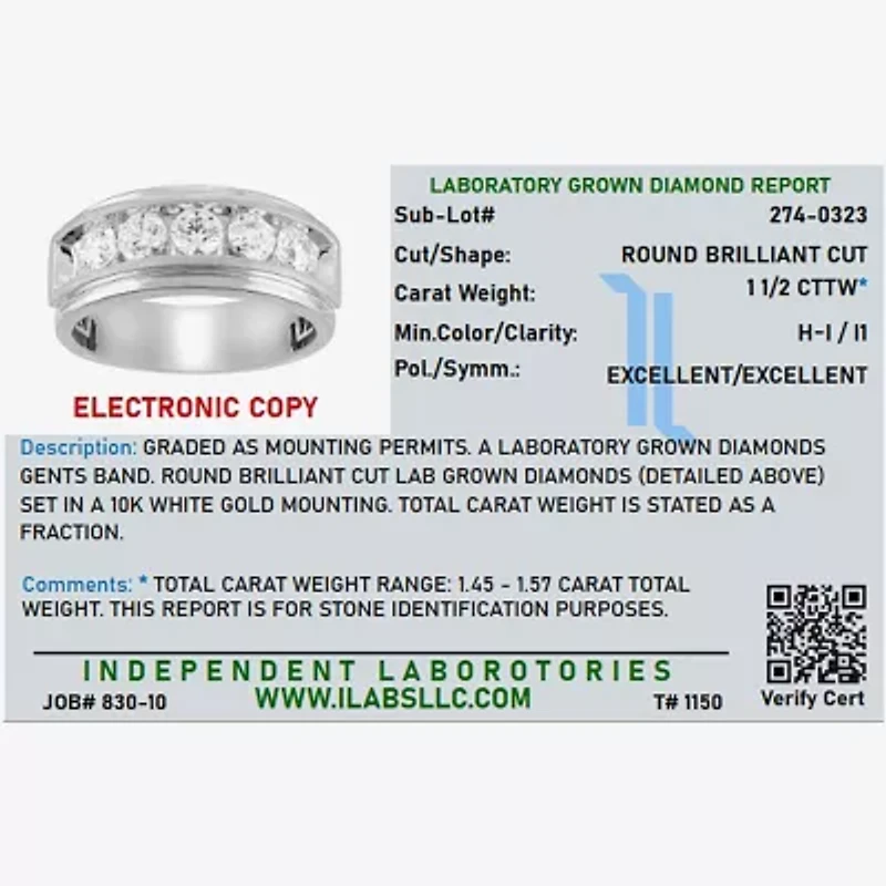 (H-I / I1) Mens 1 1/2 CT. T.W. Lab Grown White Diamond 10K Gold Wedding Band