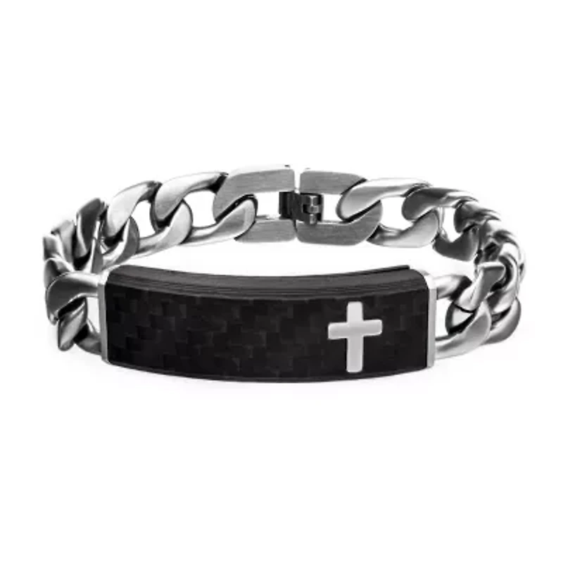 Mens Stainless Steel 8 1/2 Inch Curb Cross Id Bracelet