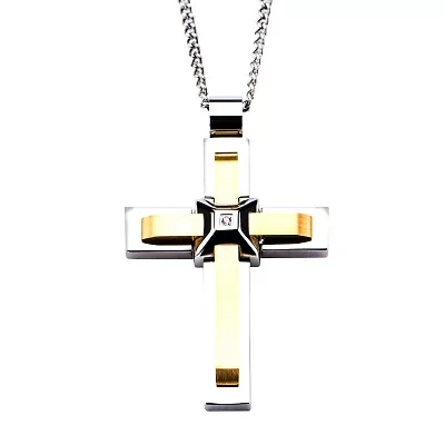 Mens Lab Created Cubic Zirconia Stainless Steel Cross 24 Inch Pendant Necklace