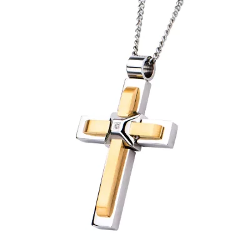 Mens Lab Created Cubic Zirconia Stainless Steel Cross 24 Inch Pendant Necklace