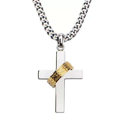 Crown Of Thorns Mens Stainless Steel Cross 24 Inch Pendant Necklace