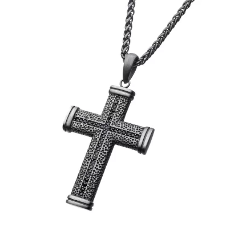 Mens Lab Created Black Cubic Zirconia Stainless Steel Cross 24 Inch Pendant Necklace