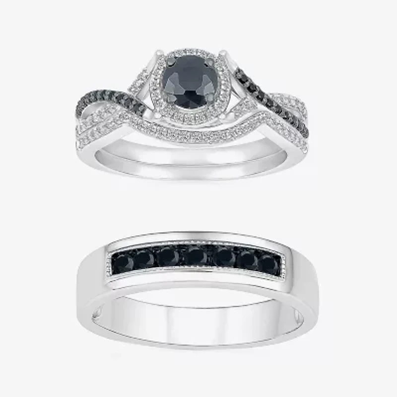 8.50mm Unisex Adult 1 CT. T.W. Natural Black Diamond 10K White Gold Round Halo Side Stone Ring Set