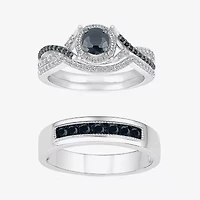 8.50mm Unisex Adult 1 CT. T.W. Natural Black Diamond 10K White Gold Round Halo Side Stone Ring Set