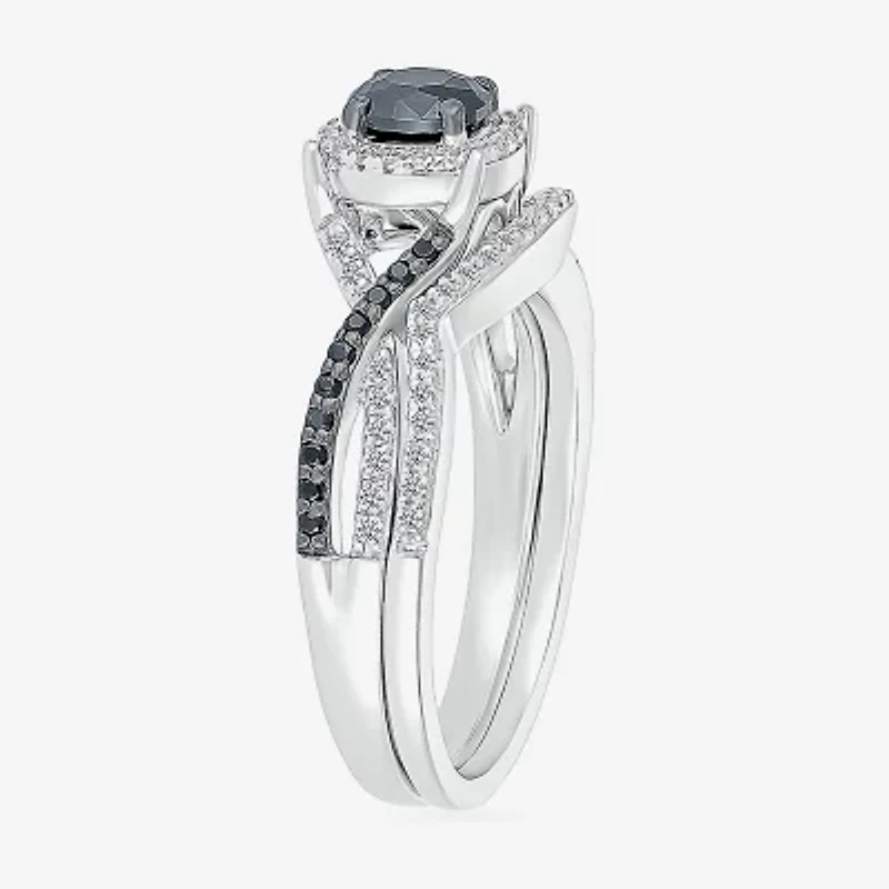8.50mm Unisex Adult 1 CT. T.W. Natural Black Diamond 10K White Gold Round Halo Side Stone Ring Set