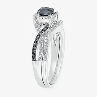 8.50mm Unisex Adult 1 CT. T.W. Natural Black Diamond 10K White Gold Round Halo Side Stone Ring Set