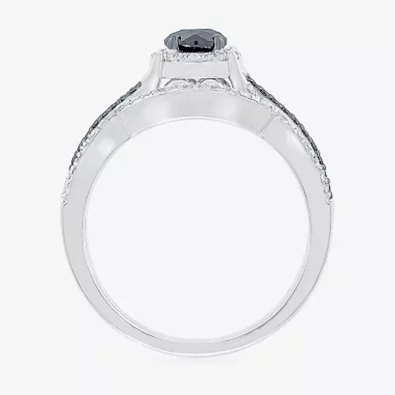 8.50mm Unisex Adult 1 CT. T.W. Natural Black Diamond 10K White Gold Round Halo Side Stone Ring Set