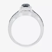 8.50mm Unisex Adult 1 CT. T.W. Natural Black Diamond 10K White Gold Round Halo Side Stone Ring Set