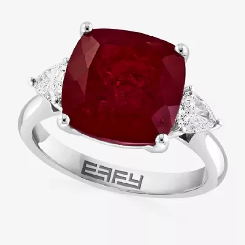 Effy  Womens Lab Created Red Ruby and 1/5 CT.T.W Lab Grown Diamond 14K White Gold Cushion Cocktail Ring
