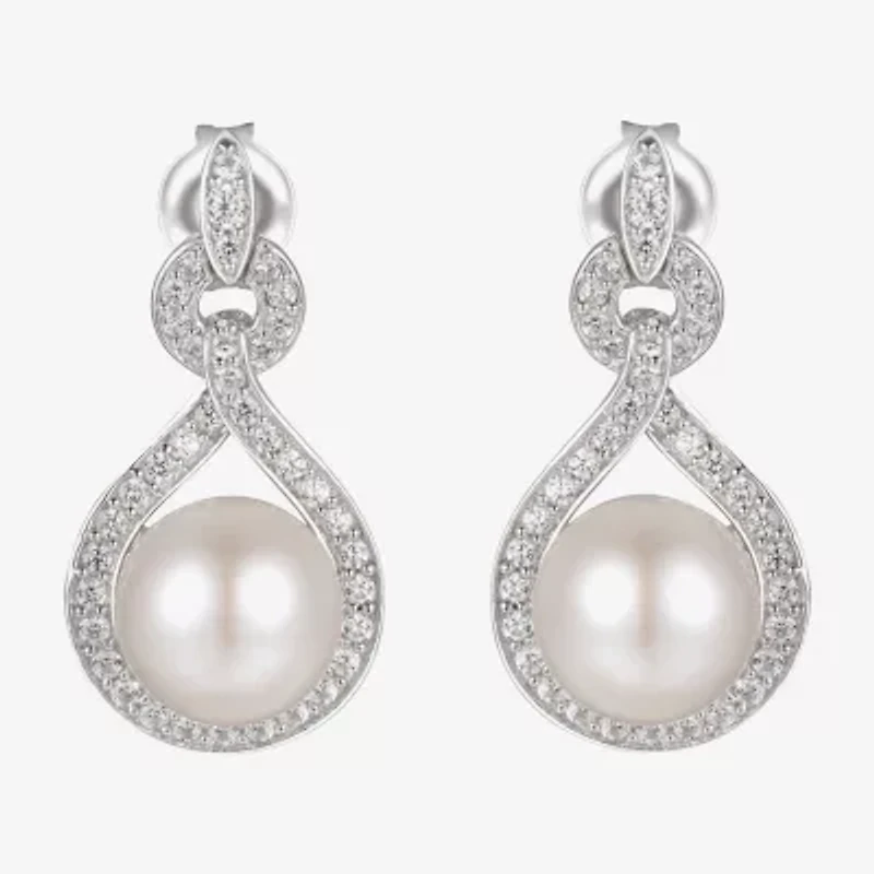 Womens White Cultured Freshwater Pearl Sterling Silver Drop Earrings