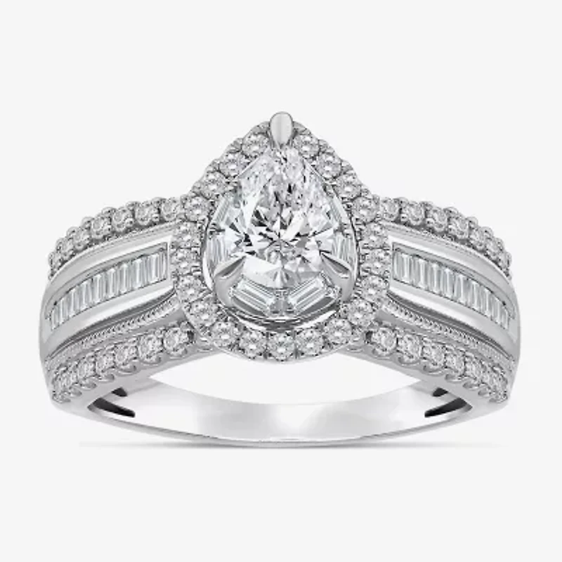 (I / I1) Womens 1 CT. T.W. Lab Grown White Diamond 10K Gold Pear Side Stone Engagement Ring