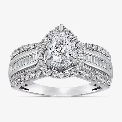 (I / I1) Womens 1 CT. T.W. Lab Grown White Diamond 10K Gold Pear Side Stone Engagement Ring