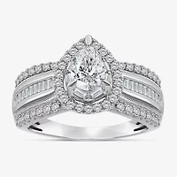 (I / I1) Womens 1 CT. T.W. Lab Grown White Diamond 10K Gold Pear Side Stone Engagement Ring
