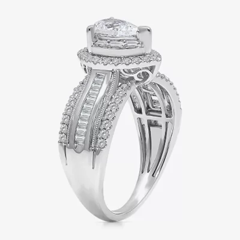 (I / I1) Womens 1 CT. T.W. Lab Grown White Diamond 10K Gold Pear Side Stone Engagement Ring