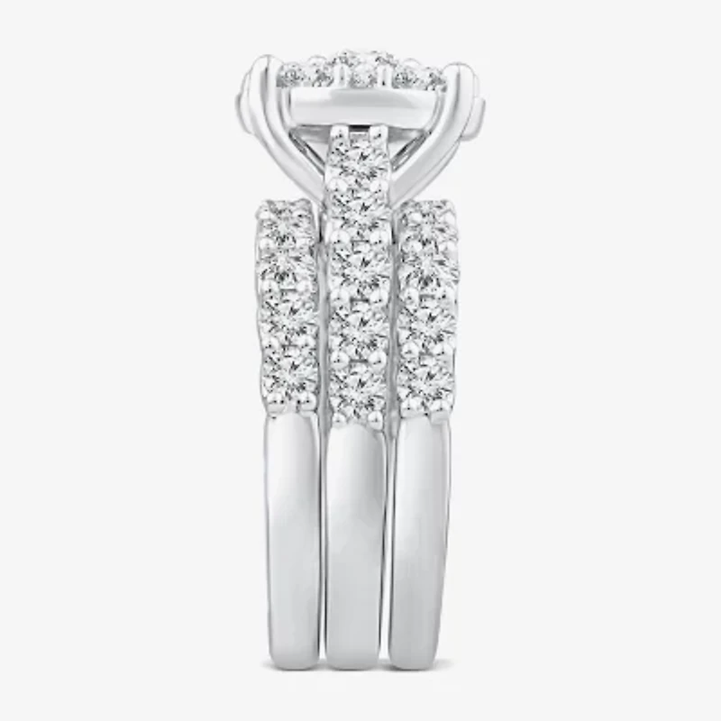 (G / Si1-Si2) Womens 4 CT. T.W. Lab Grown White Diamond 10K Gold Round Side Stone Halo Bridal Set