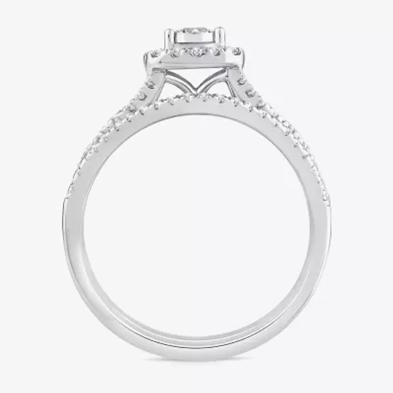 (G / Si1-Si2) Womens 1/2 CT. T.W. Lab Grown White Diamond 10K Gold Cushion Side Stone Halo Bridal Set