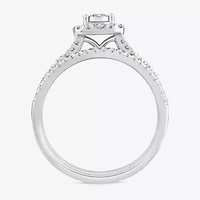 (G / Si1-Si2) Womens 1/2 CT. T.W. Lab Grown White Diamond 10K Gold Cushion Side Stone Halo Bridal Set