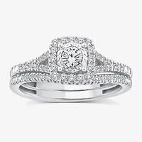(G / Si1-Si2) Womens 1/2 CT. T.W. Lab Grown White Diamond 10K Gold Cushion Side Stone Halo Bridal Set